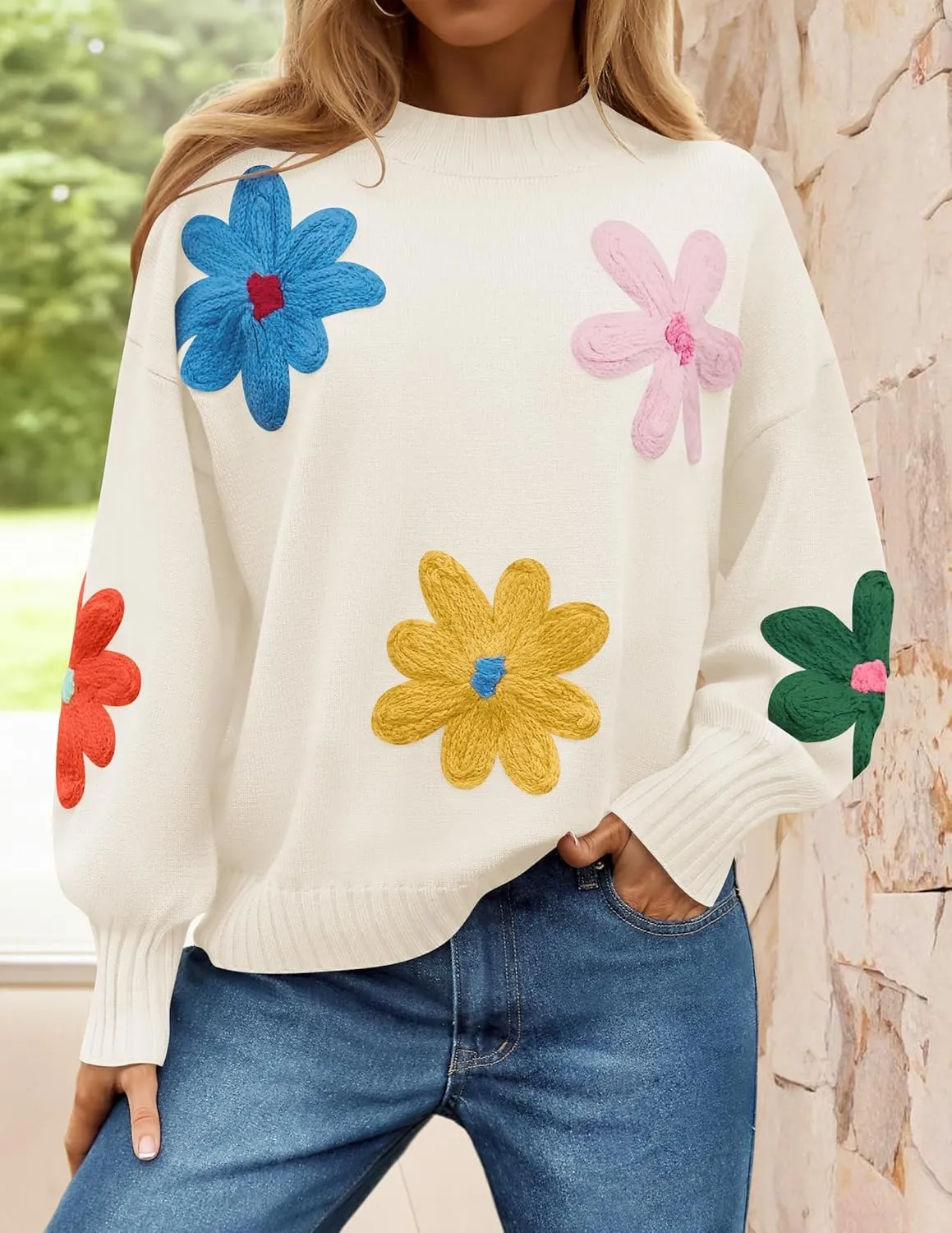 ZESICA Women's Long Puff Sleeve Sweaters Casual Crewneck Ribbed Knit Flower Color Block Loose Pullover Tops