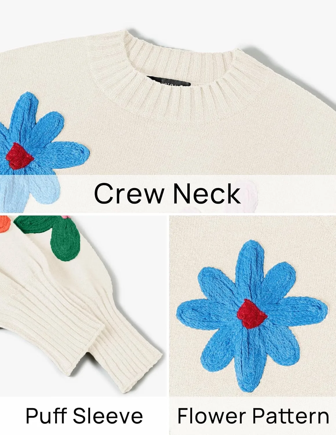ZESICA Women's Long Puff Sleeve Sweaters Casual Crewneck Ribbed Knit Flower Color Block Loose Pullover Tops