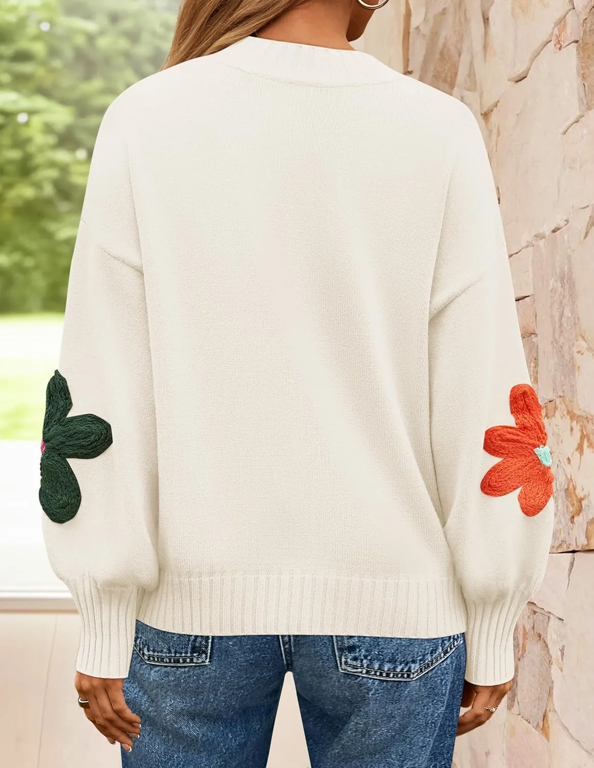 ZESICA Women's Long Puff Sleeve Sweaters Casual Crewneck Ribbed Knit Flower Color Block Loose Pullover Tops