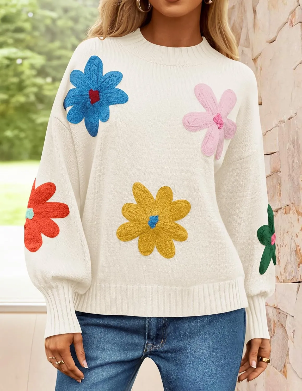 ZESICA Women's Long Puff Sleeve Sweaters Casual Crewneck Ribbed Knit Flower Color Block Loose Pullover Tops