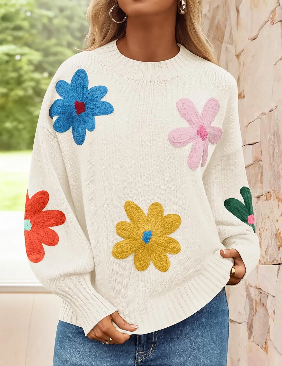 ZESICA Women's Long Puff Sleeve Sweaters Casual Crewneck Ribbed Knit Flower Color Block Loose Pullover Tops