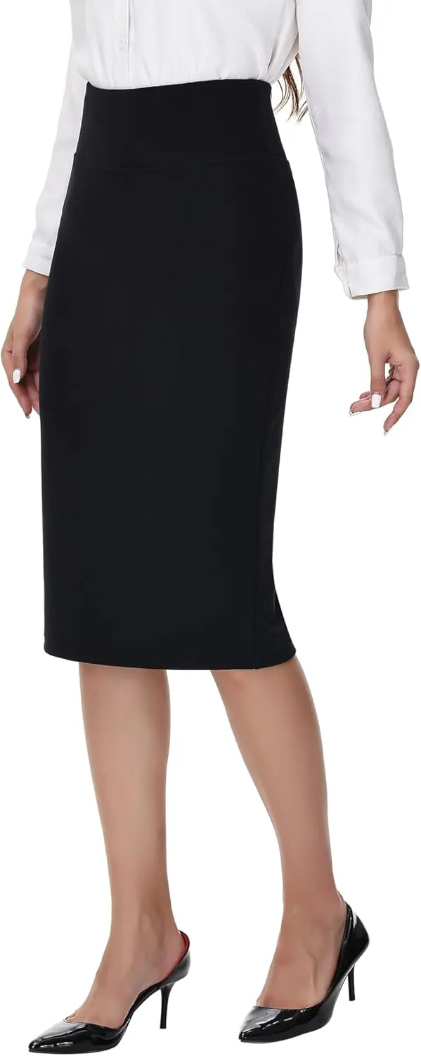 ZTN Skirts for Women Stretch High Waist Pencil Skirt Bodycon Business Skirt with Back Slit Below Knee